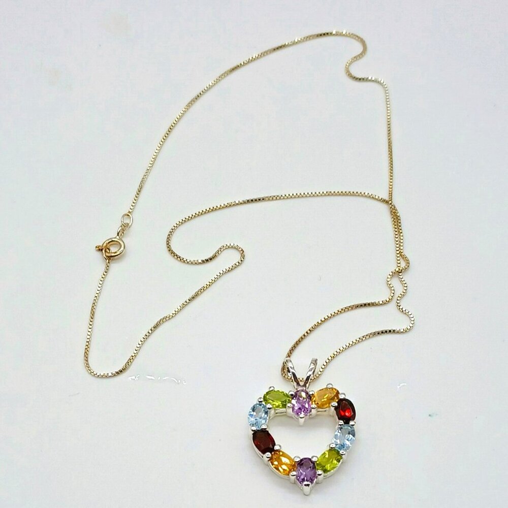 925 Multi Gemstone Heart Necklace 18" Sterling Silver Vintage Pendant Jewelry